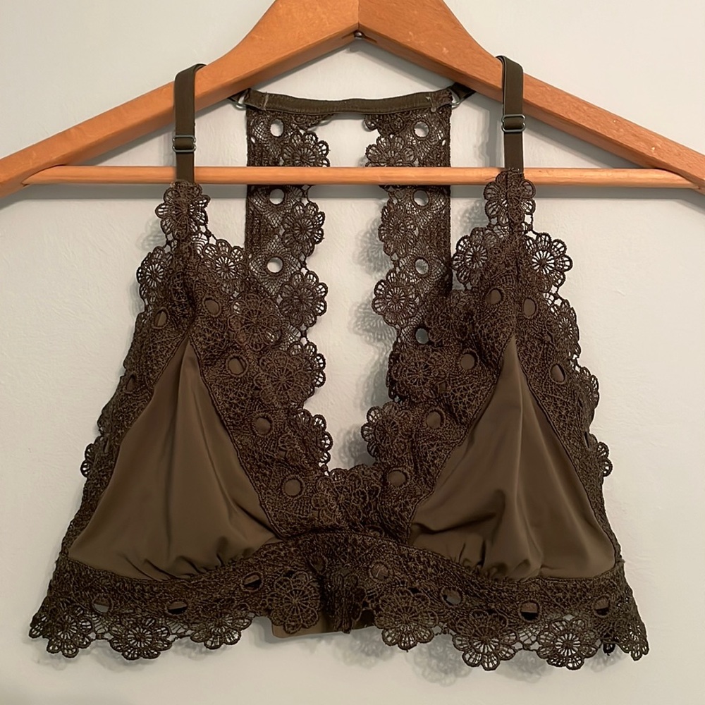 Aerie Bralette Olive Green Lace Halter With Double Lace Strips On Back Sz L